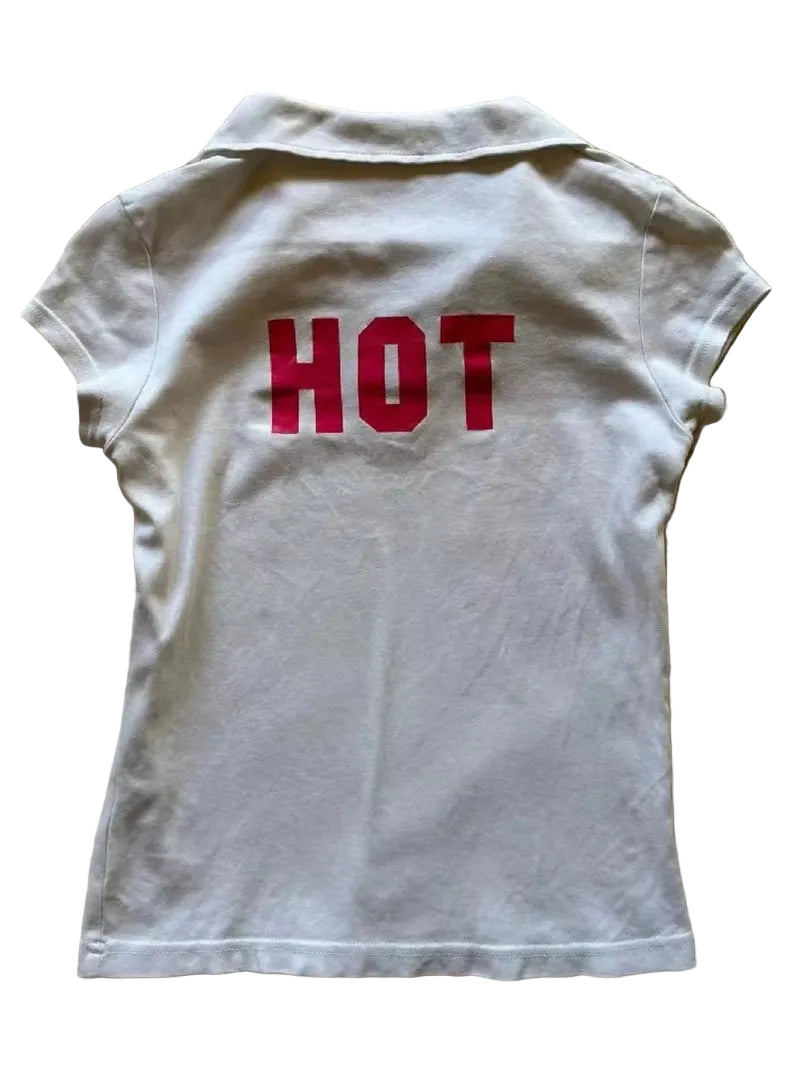 Deeptown Y2K White Vintage Women'S T-Shirts Harajuku Short Sleeve Harajuku Printed American Style Tees Polo Collar Slim Gyaru