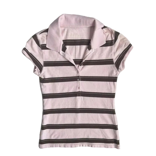 Striped Polo Collar Sweet Slim Shirt Women Short Sleeves Casual Harajuku Crop Top Japanese Style New Vintage Y2K Clothing 2025